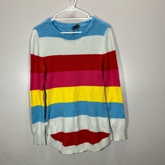 Free For All Women’s Red Blue Yellow Multicolor Striped Round Neck Knit Sweater - Picture 4 of 11